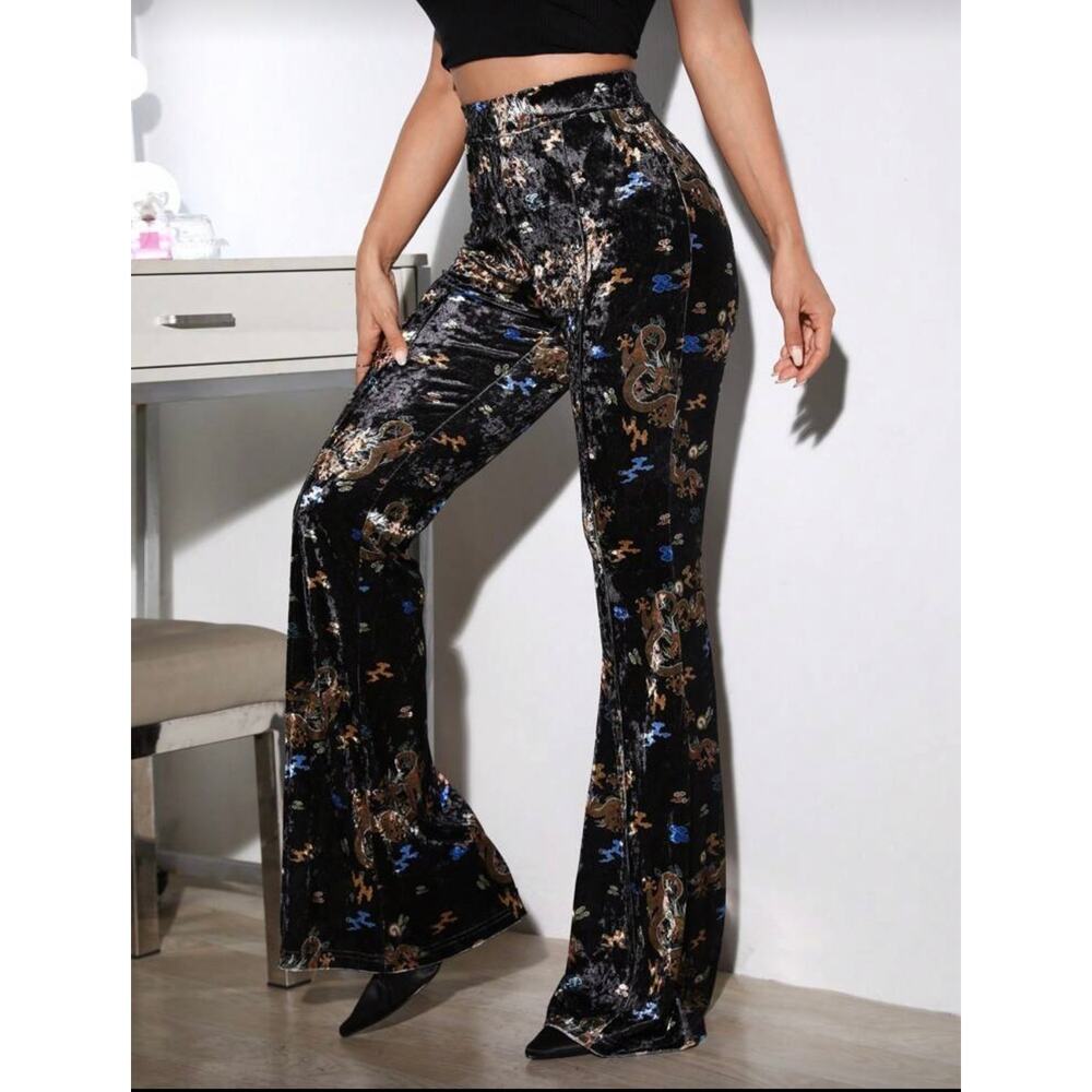 Black Velvet Dragon Print Bell Bottom Pants Festival Y2K Boho Witch Flare - Picture 6 of 10